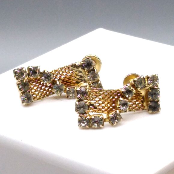 Vintage Mesh Earrings With Crystal Channel Overlay, Sparkly Retro Gold Tone - Picture 2 of 4